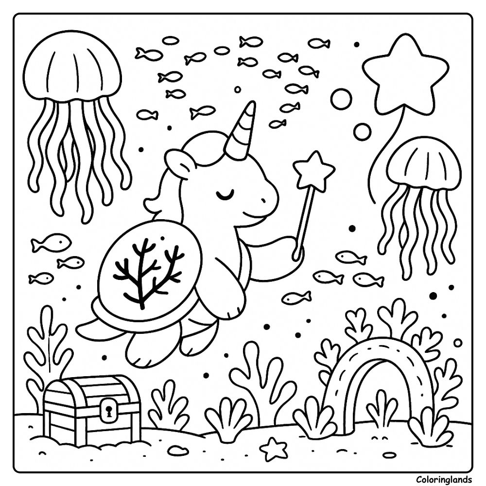 Undersea unicorn turtle waves a wand near coral and chest