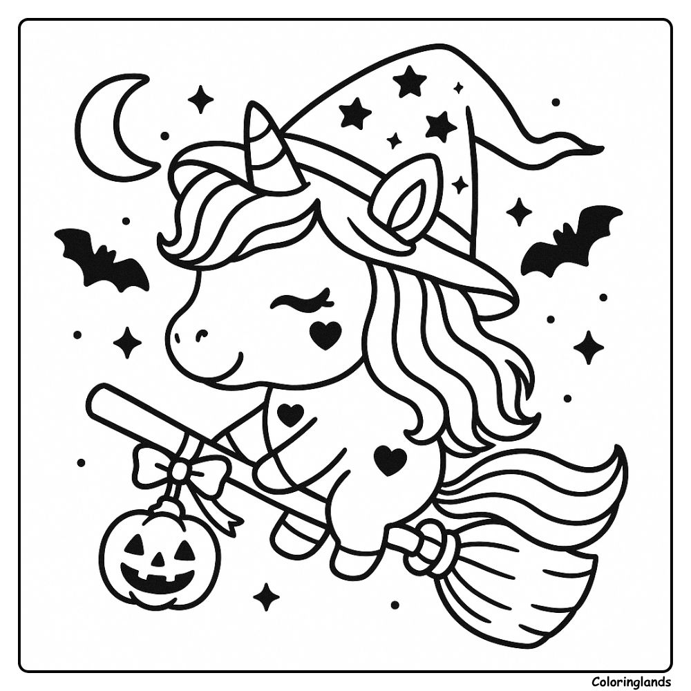 Cute witchy unicorn flying with jack o lantern and stars