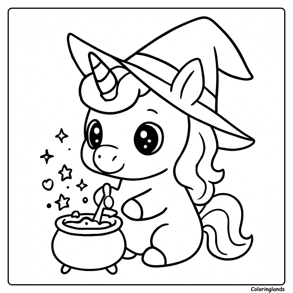 Baby unicorn in a witch hat mixing a cozy potion