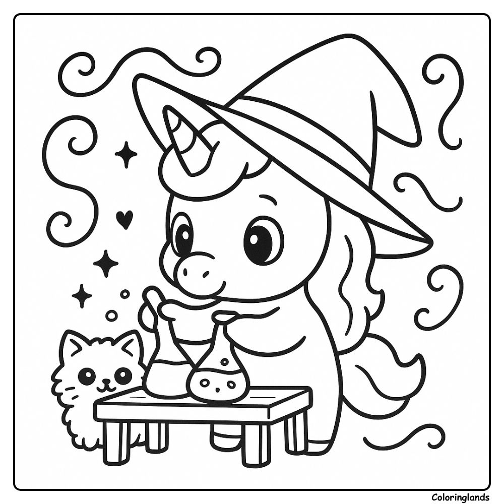 Small witch unicorn and cat with beakers on a table