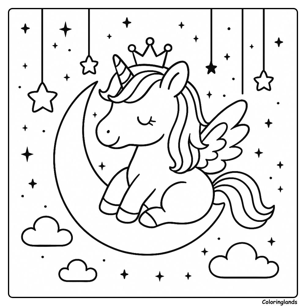 Sleeping unicorn on crescent moon, dreamy printable page