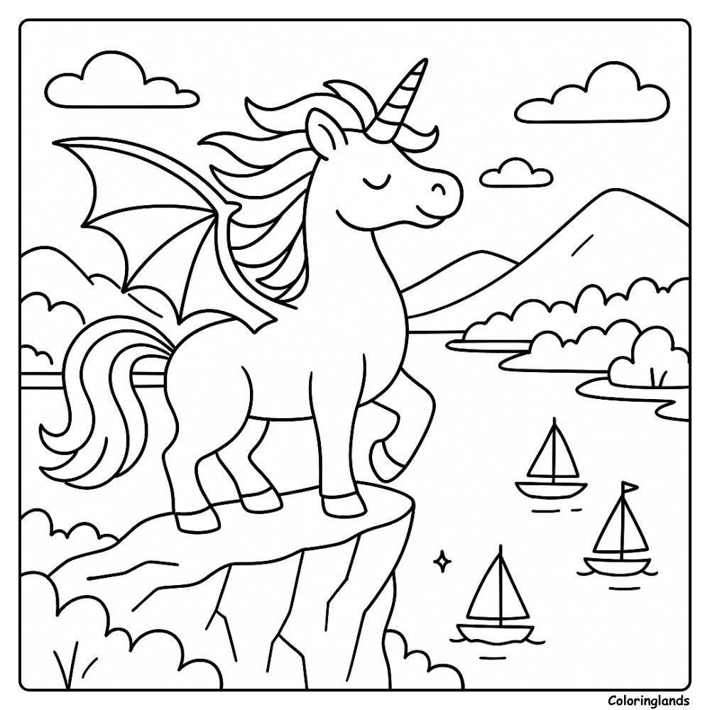 Winged unicorn on seaside cliff, printable coloring picture