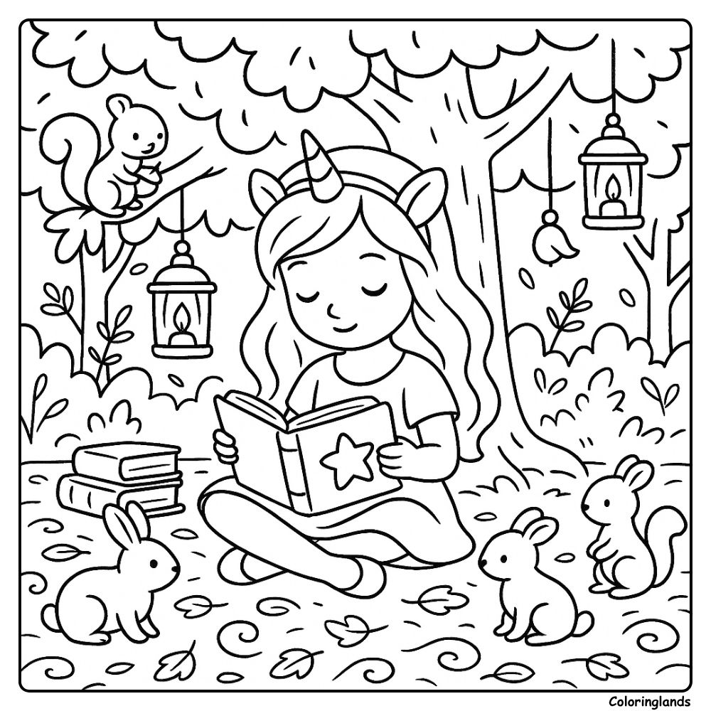 Unicorn girl reads under trees with rabbits and lanterns