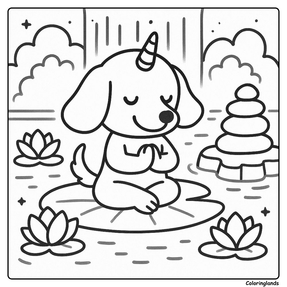 Meditating lotus puppy in zen pond printable page