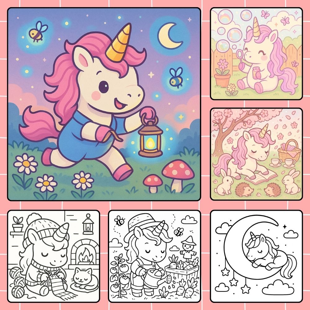 Unicorn coloring pages for kids in cozy, dreamy scenes