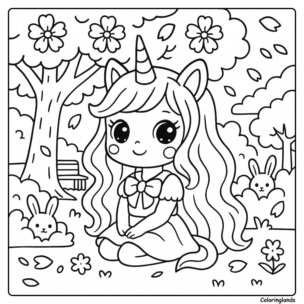 Blossom garden unicorn girl coloring image for fun art play