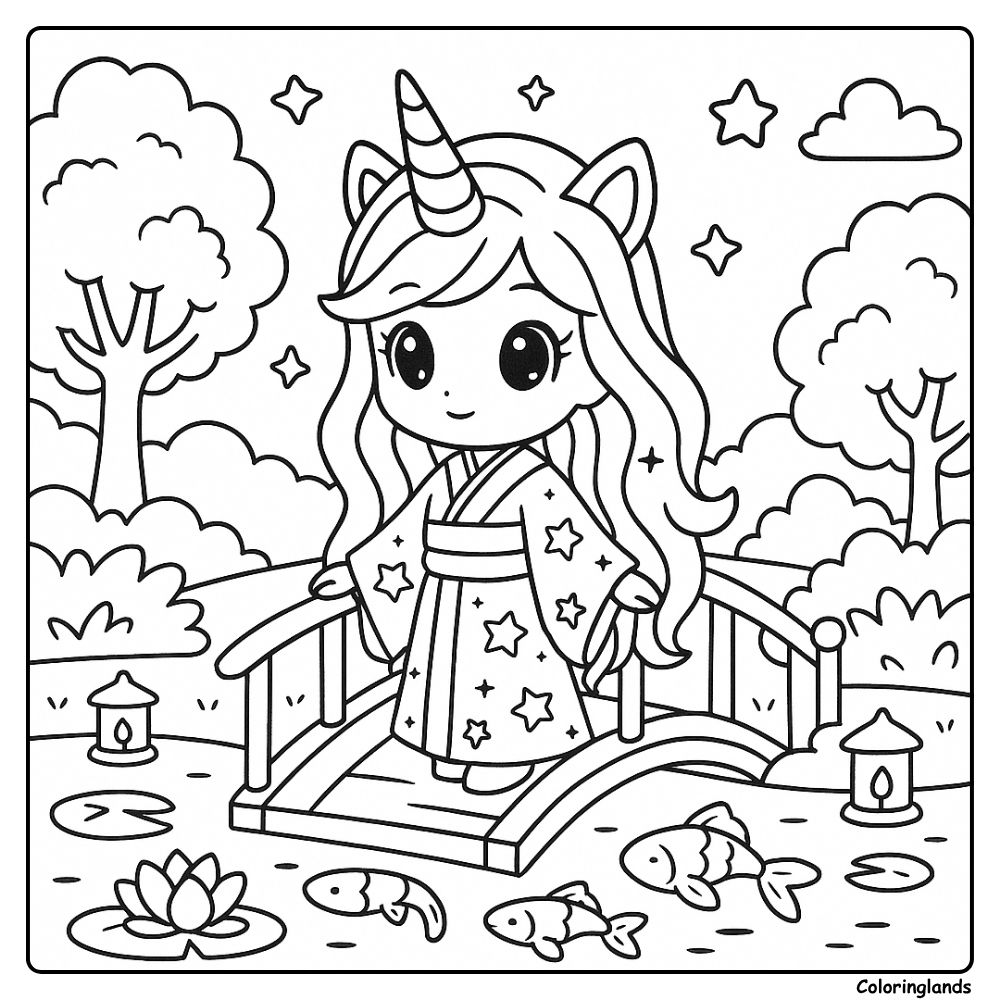 Kimono by the pond coloring picture with koi and stars tonight