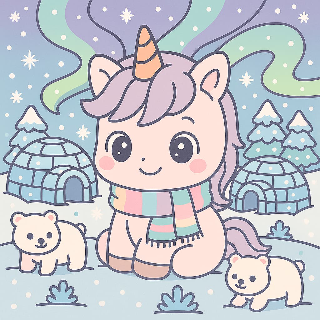 Winterland coloring picture—igloos, aurora, tiny bears