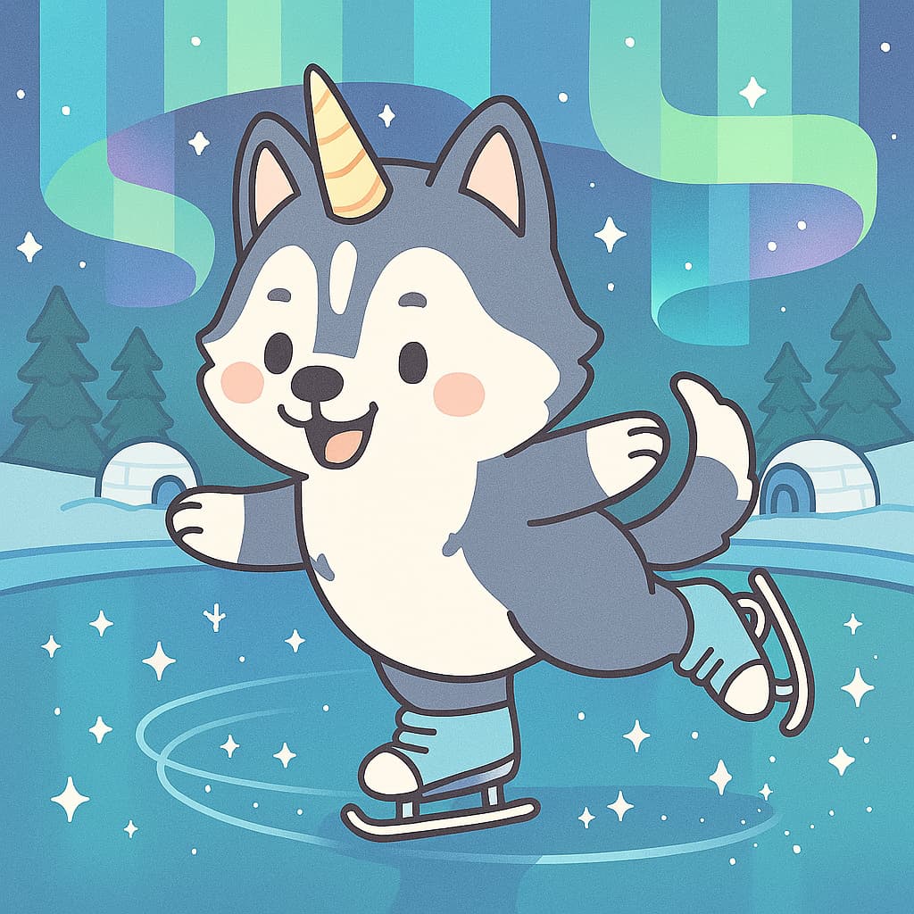 Arctic night unicorn dog coloring picture on ice