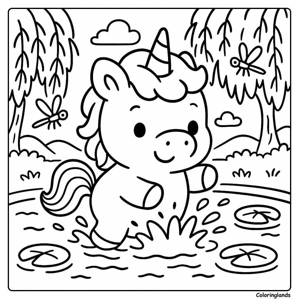Kawaii unicorn splashing water among lilies and dragonflies