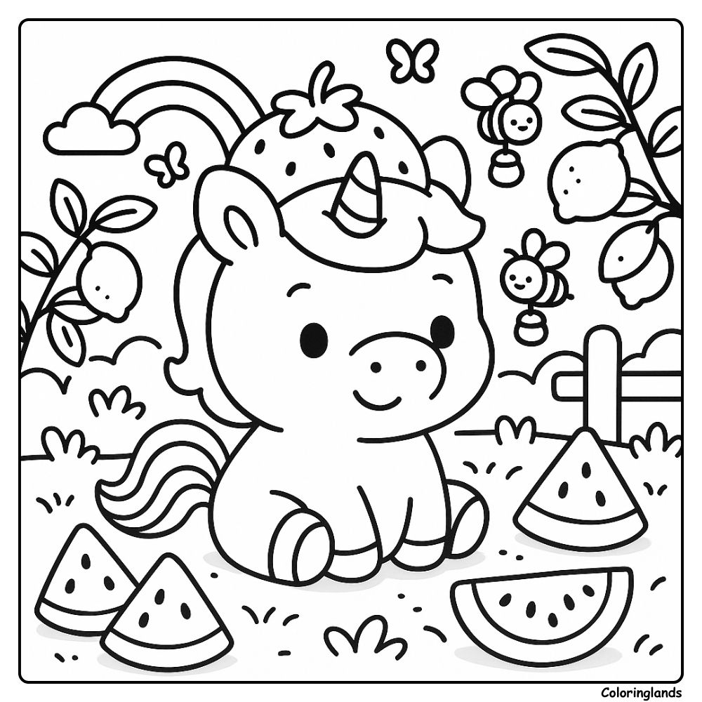 Adorable unicorn under a rainbow at a fruit filled picnic