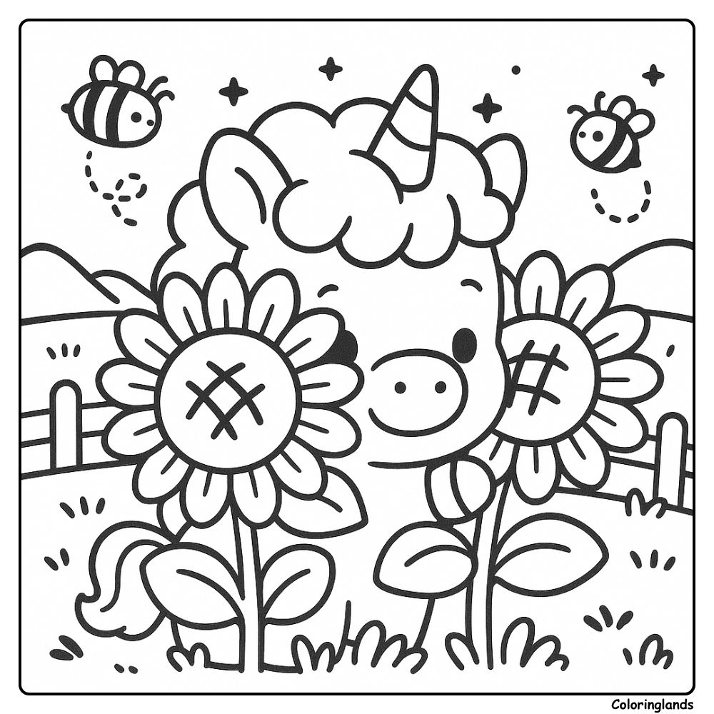 Chubby unicorn in a field of sunflowers with busy bees