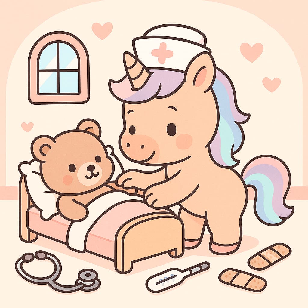 Clinic coloring picture with teddy nurse hat and hearts
