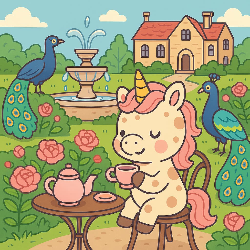 Garden coloring picture with peacocks fountain and tea