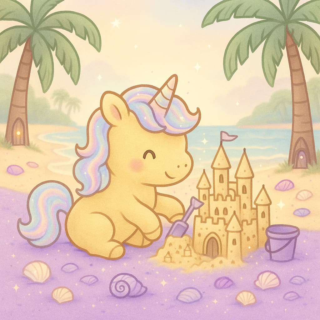 Seaside baby unicorn coloring picture building sandcastle