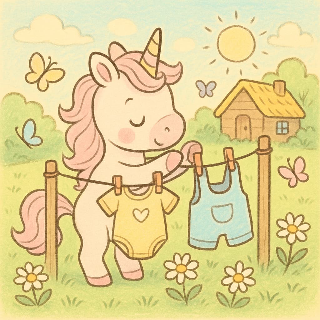 Country yard baby unicorn coloring sheet with laundry