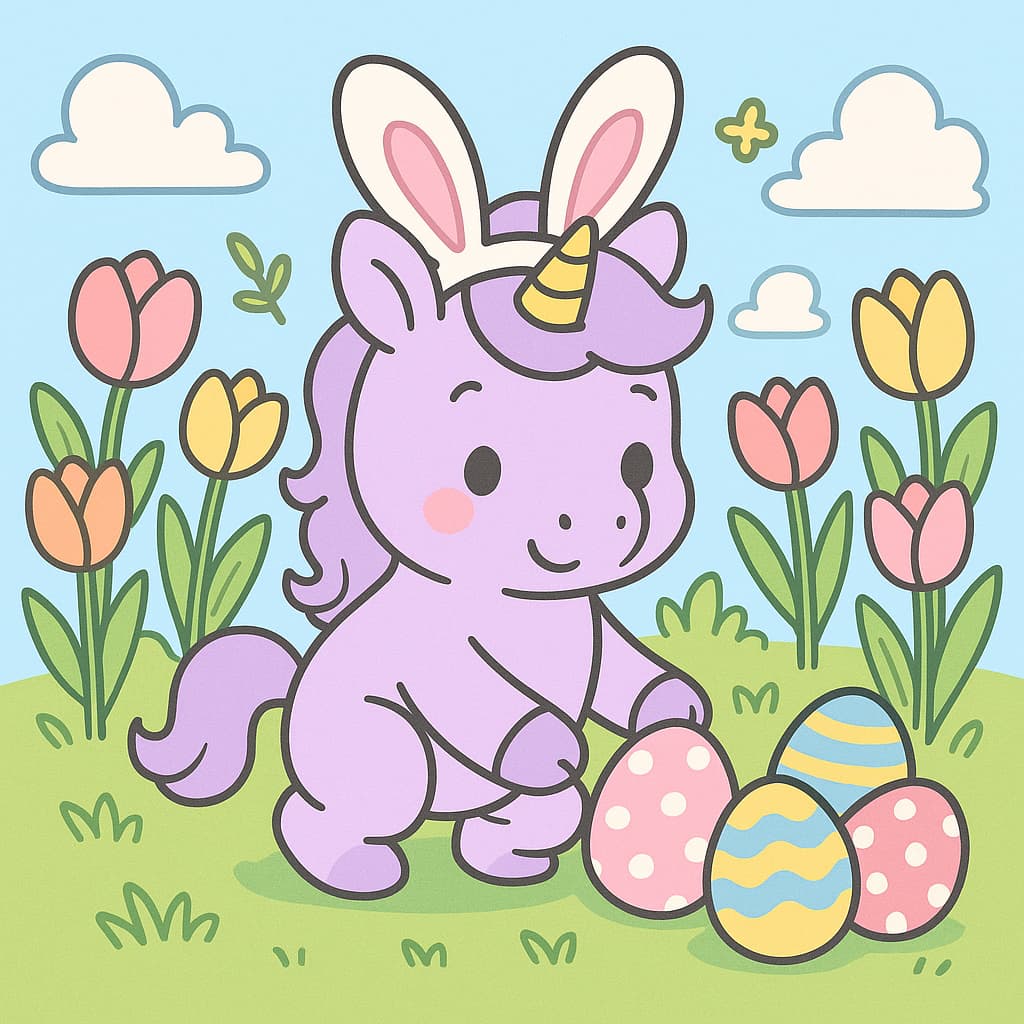 Easter garden baby unicorn coloring picture with eggs