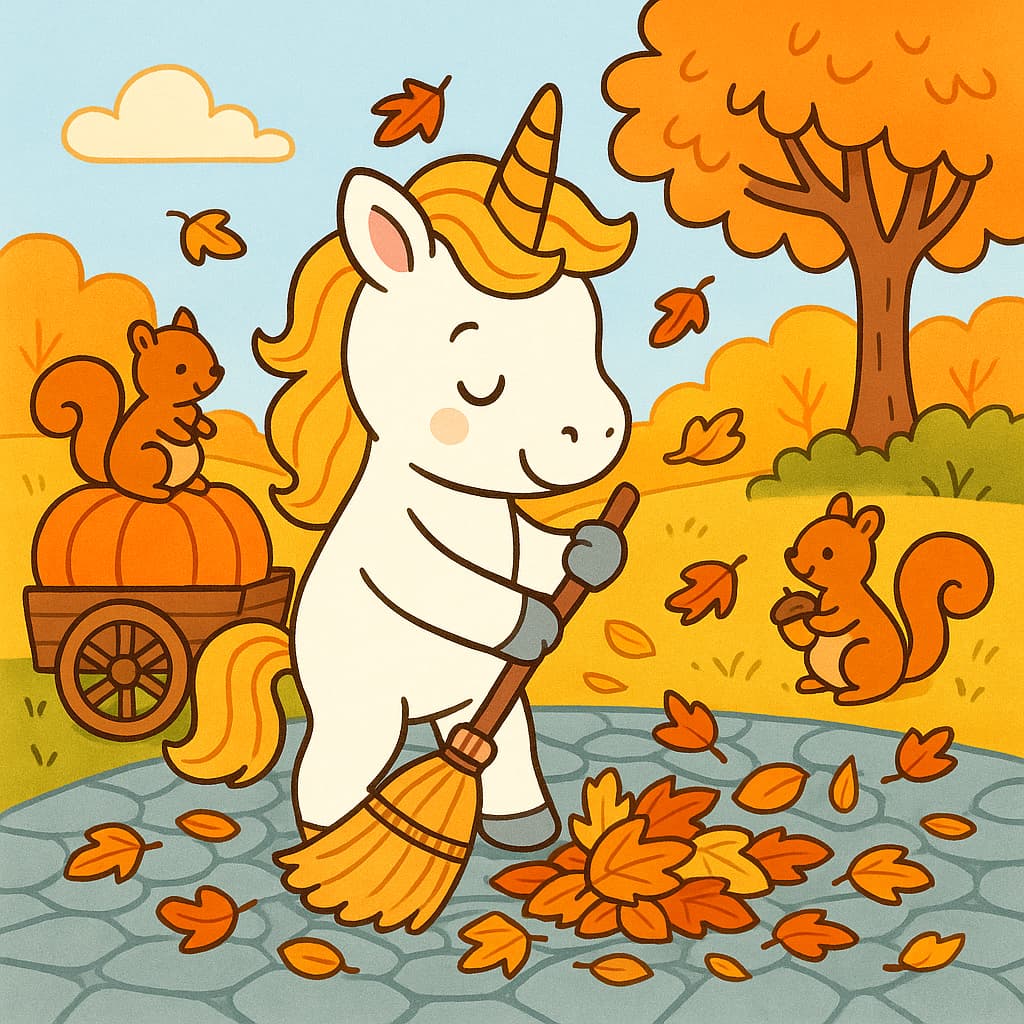 Autumn park baby unicorn coloring image sweeping leaves