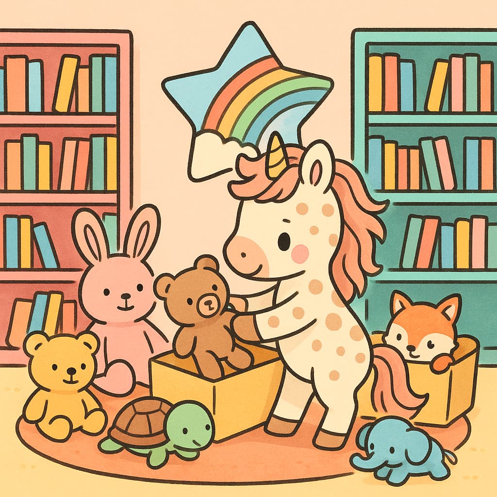 Playroom coloring sheet with books plush toys and boxes