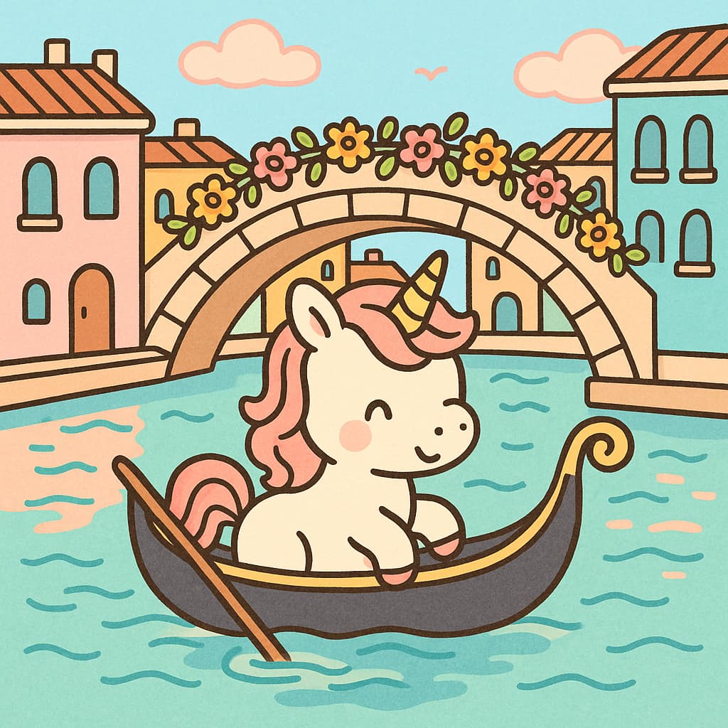 Venice canal baby unicorn coloring image in a boat