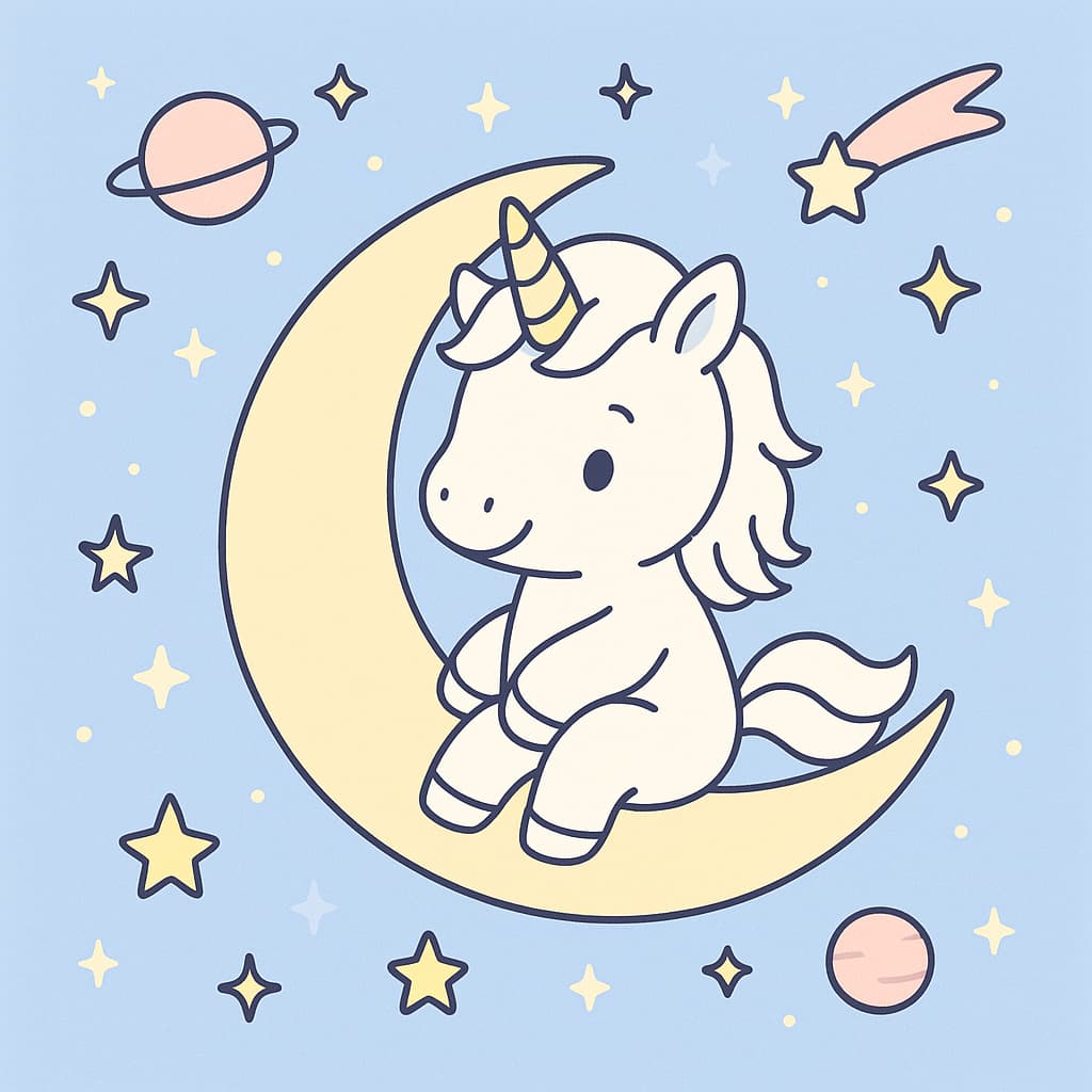 Night sky baby unicorn coloring picture on a crescent