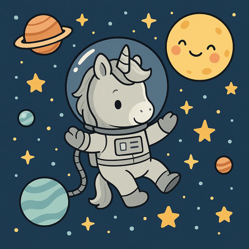 Astronaut unicorn coloring image with planets and stars