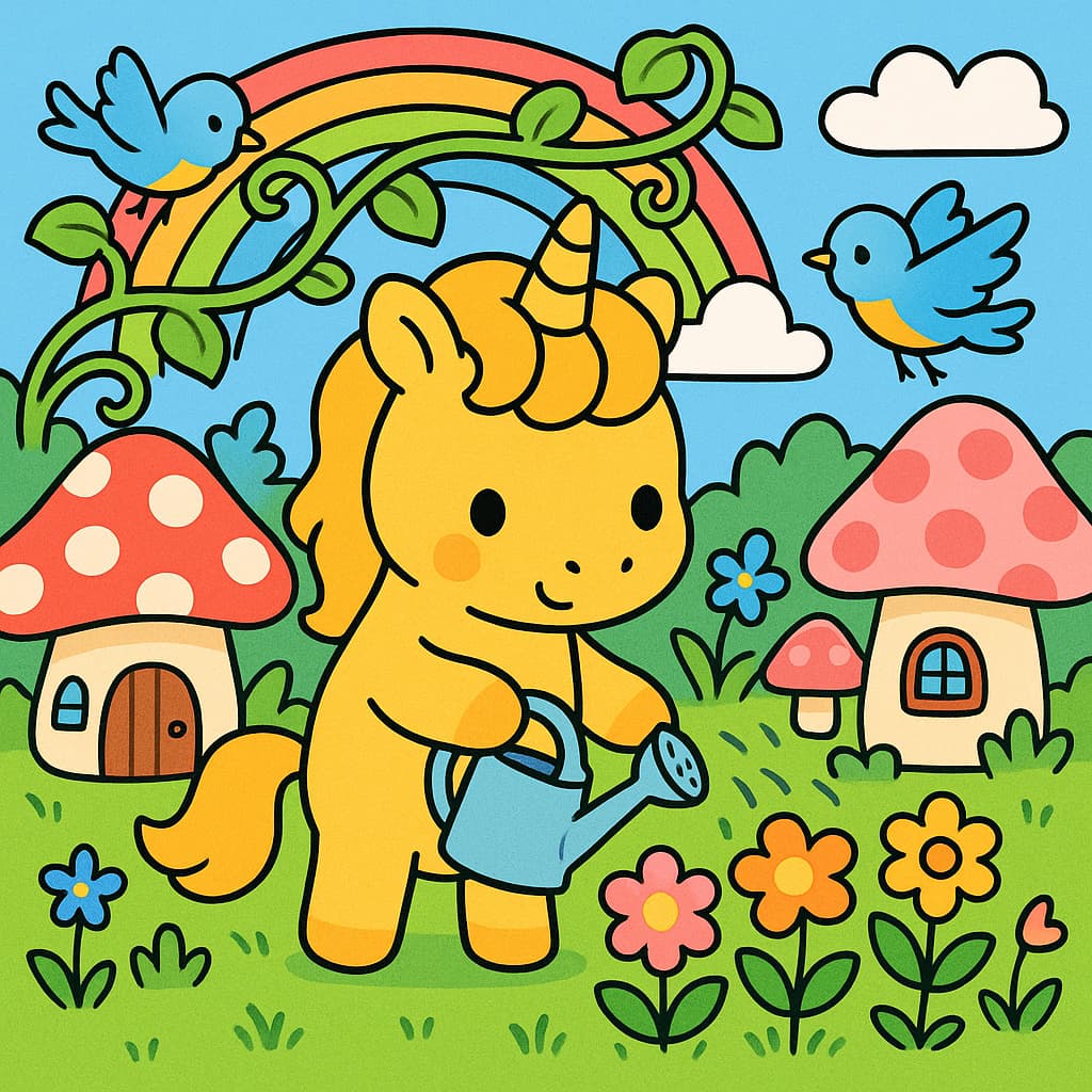 Fairy garden coloring image with rainbow birds flowers