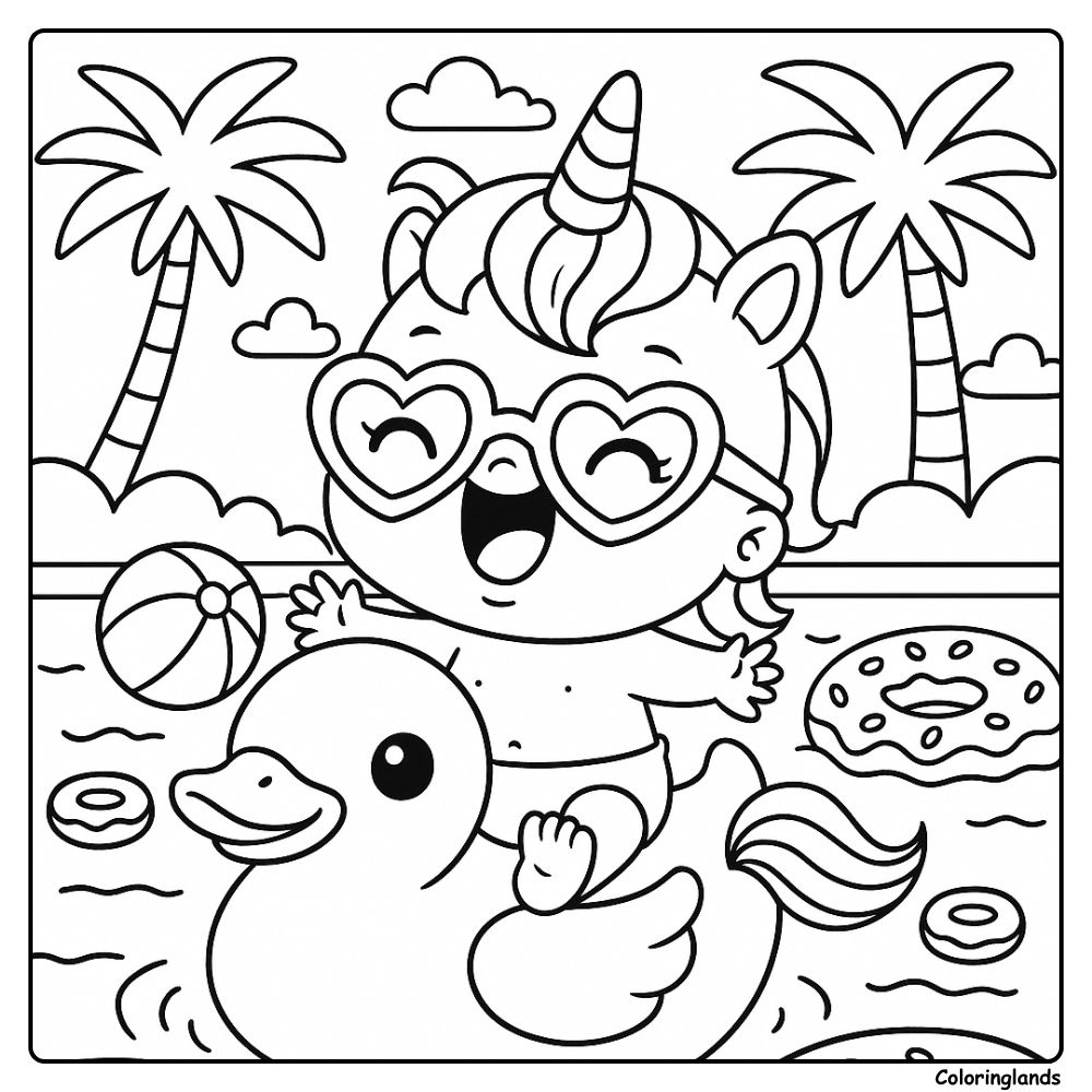 Tiny unicorn rides duck float with palm trees and toys