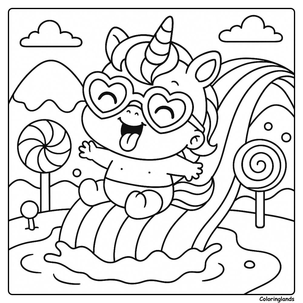 Cute baby unicorn rides a rainbow slide in a candy park