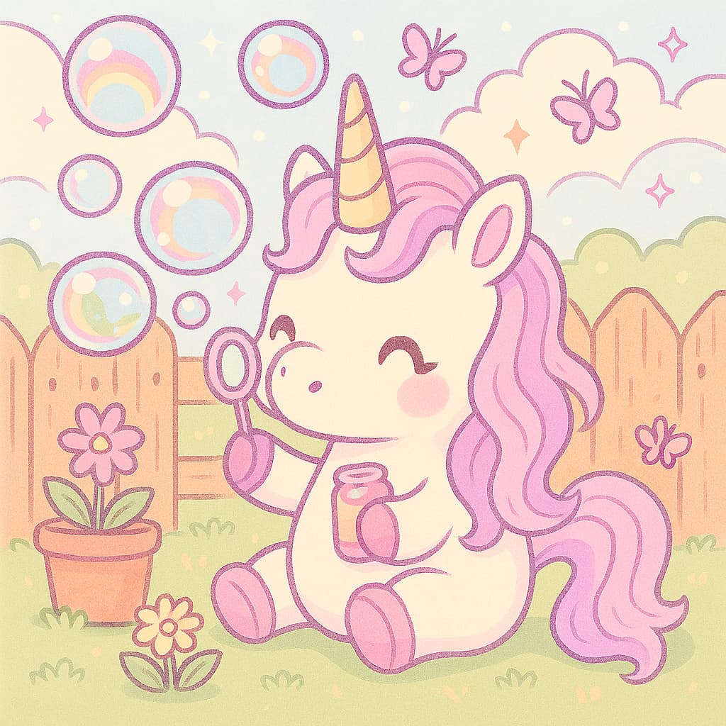 Playful coloring image of unicorn blowing shiny bubbles