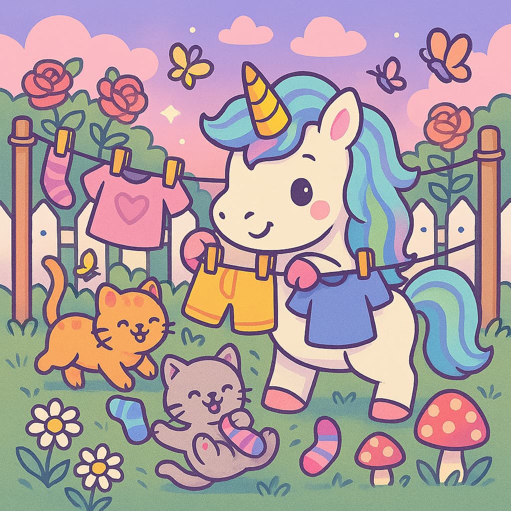 Yard chores coloring picture unicorn and playful cats