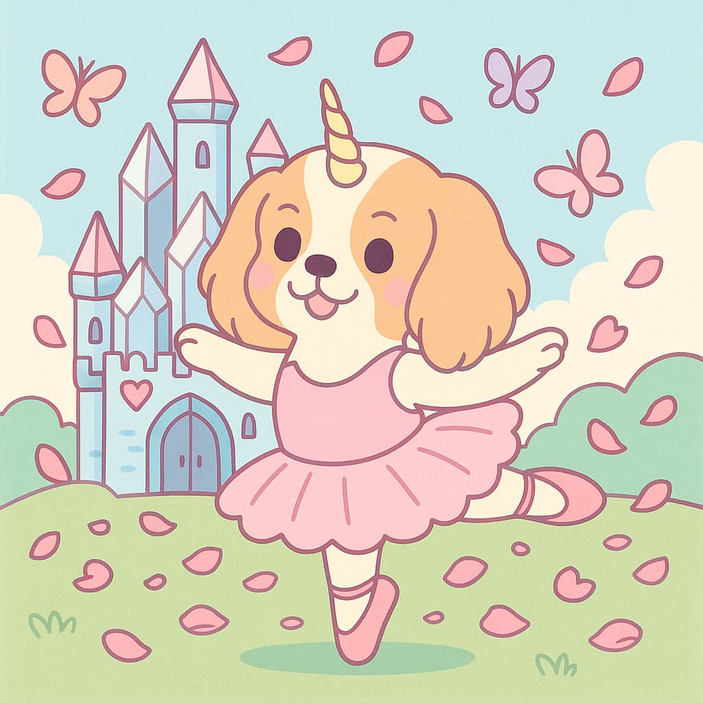 Graceful unicorn pup coloring picture in a storybook park