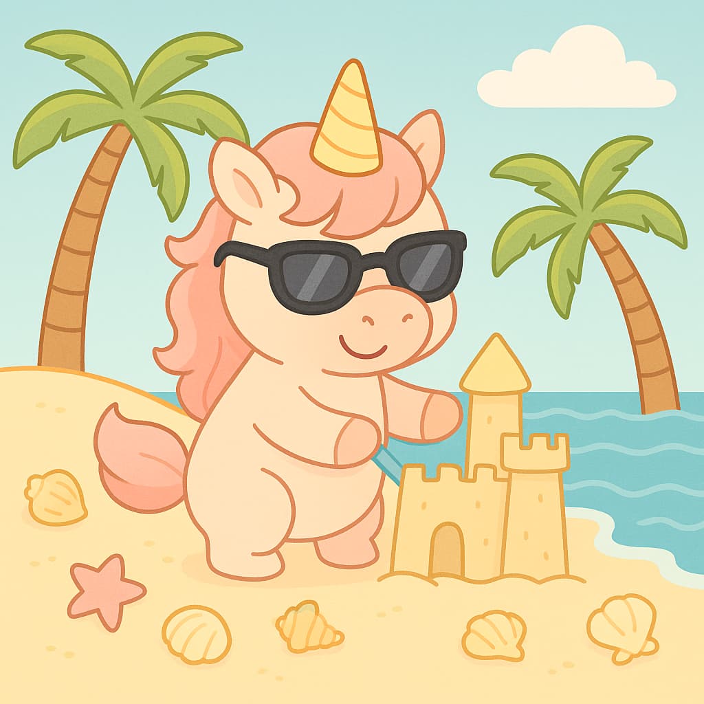 Seaside coloring image with shells, palms, and castle