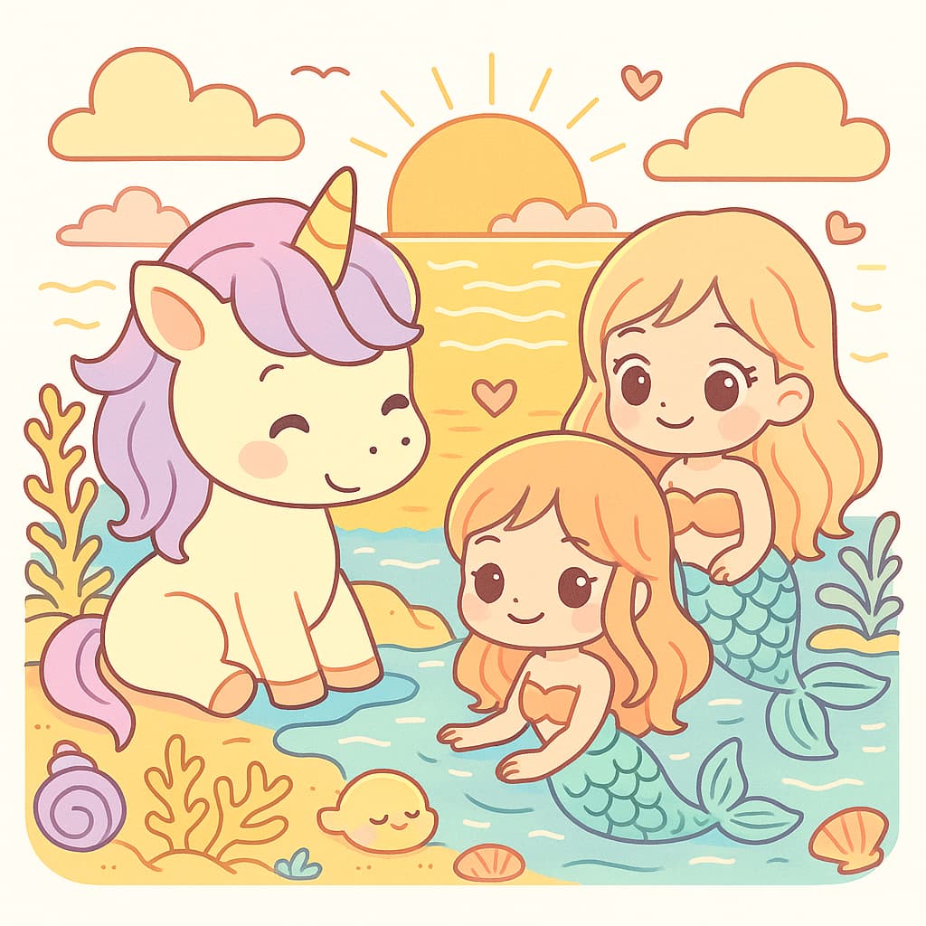 Seaside unicorn with mermaids, sweet coloring image