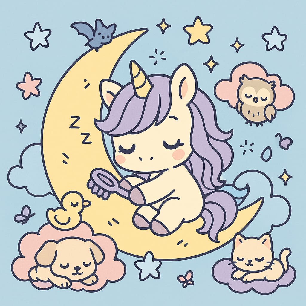 Sleepy moon unicorn with pets, cozy coloring picture