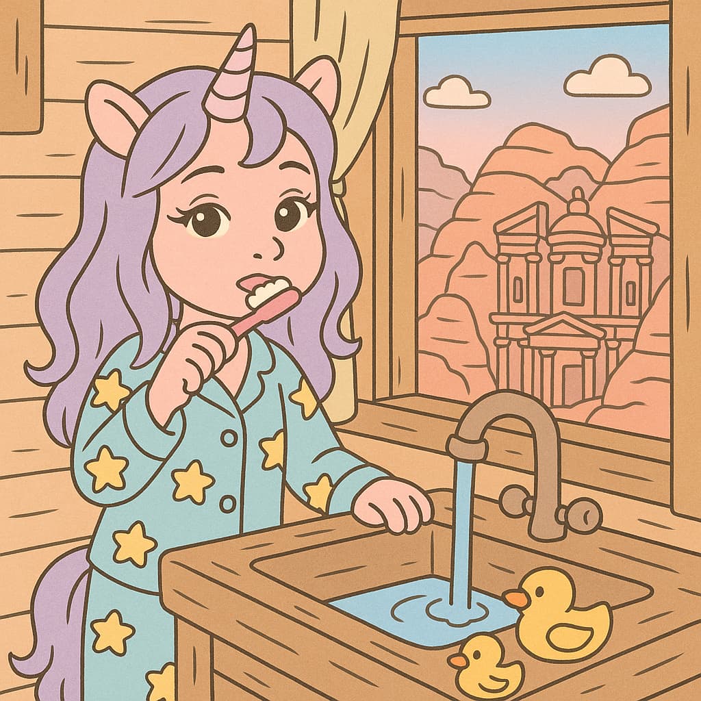 Night routine coloring image with Petra through the window