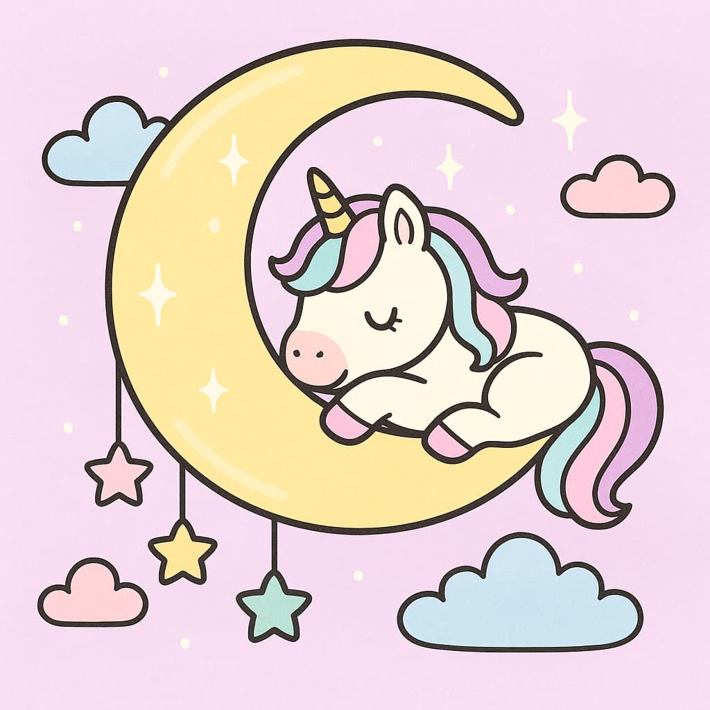 Dreamy coloring sheet of sleepy unicorn and hanging stars