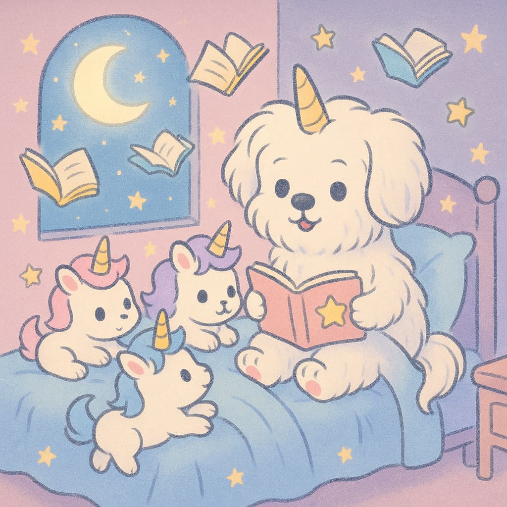 Night tale unicorn dog coloring image with baby friends