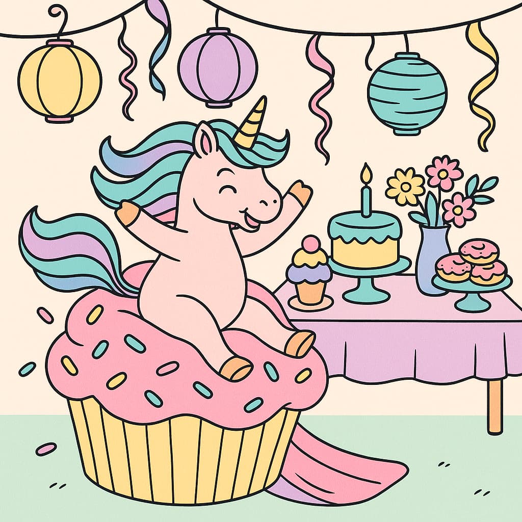 Festive coloring image with cake table, treats, streamers