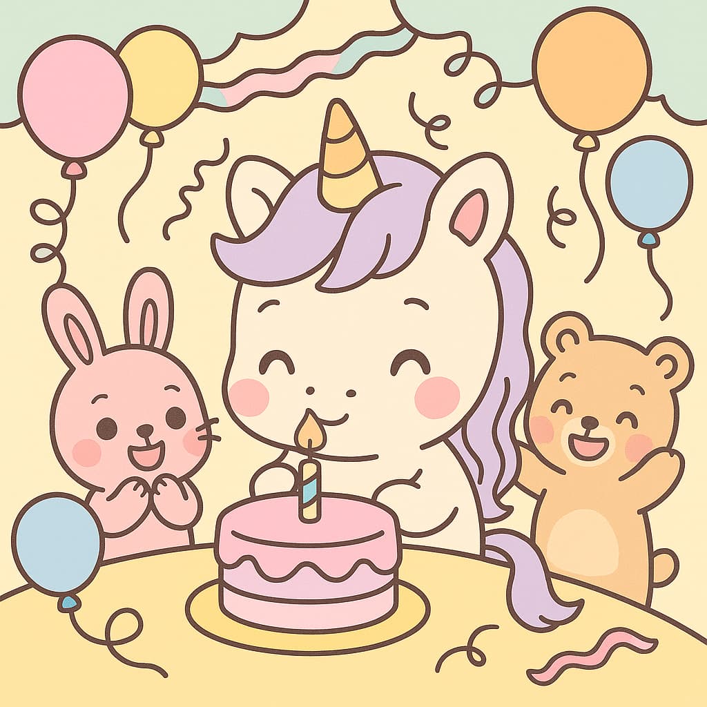 Kawaii unicorn birthday coloring image with cake and pals