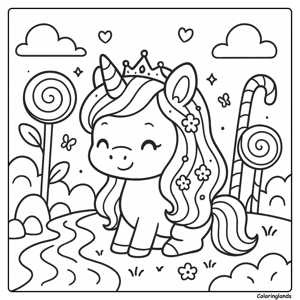 Unicorn with candy trees beside a stream, cute coloring image.