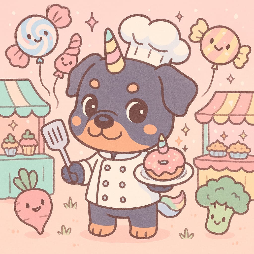 Unicorn dog bakery coloring picture with sweets and stalls