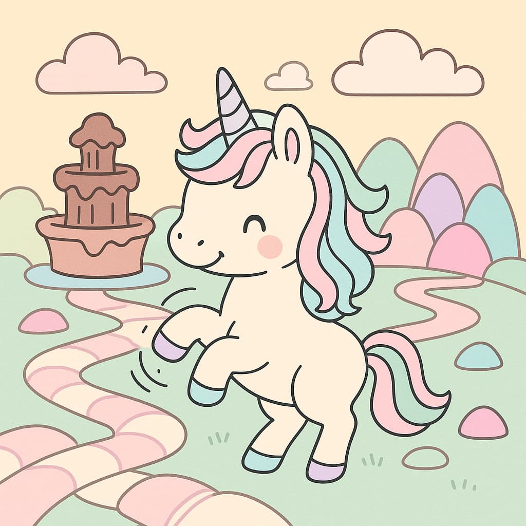 Sweet fantasy coloring picture with pastel hills and treats