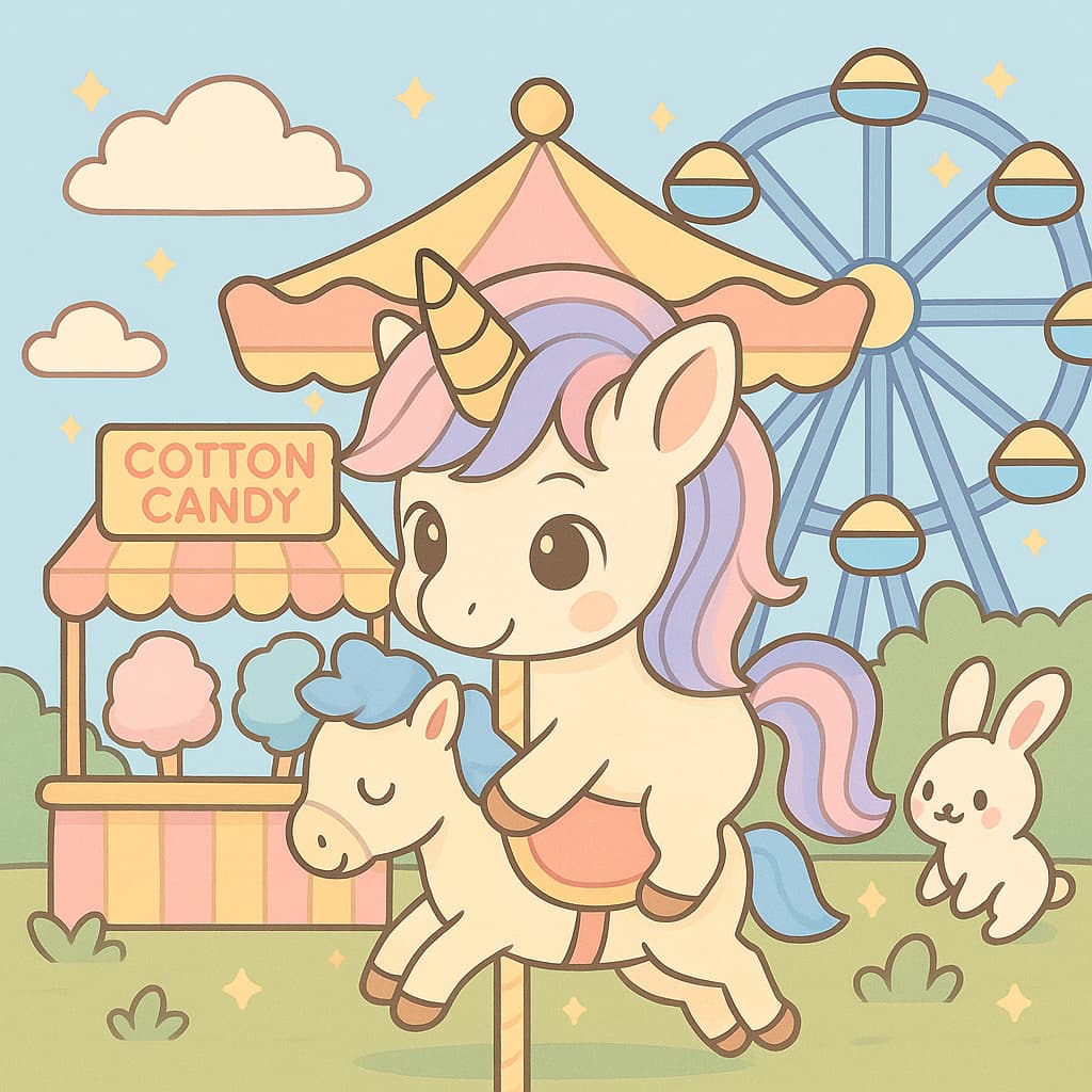 Theme-park coloring picture featuring unicorn and big wheel