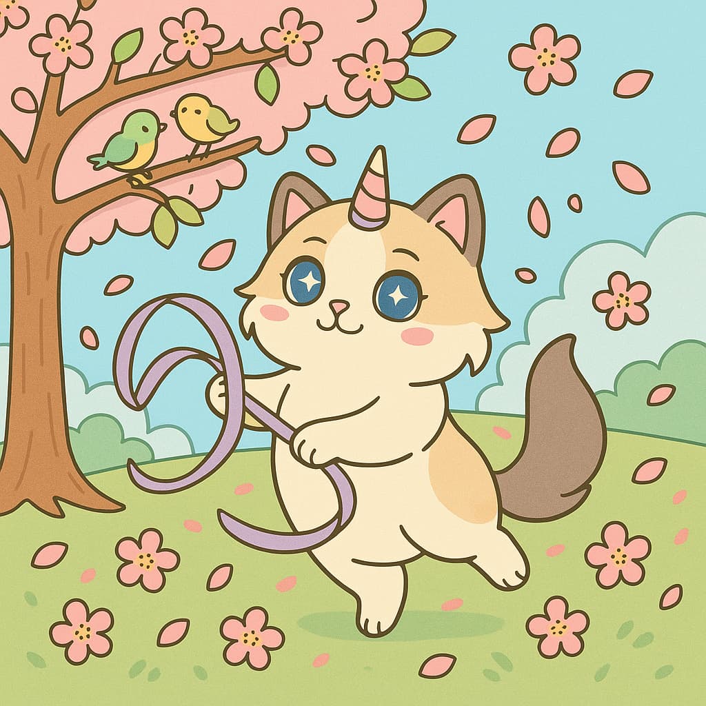 Spring park coloring picture playful unicat and blossoms
