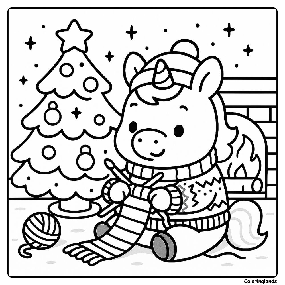 Printable coloring image of a unicorn making a striped scarf
