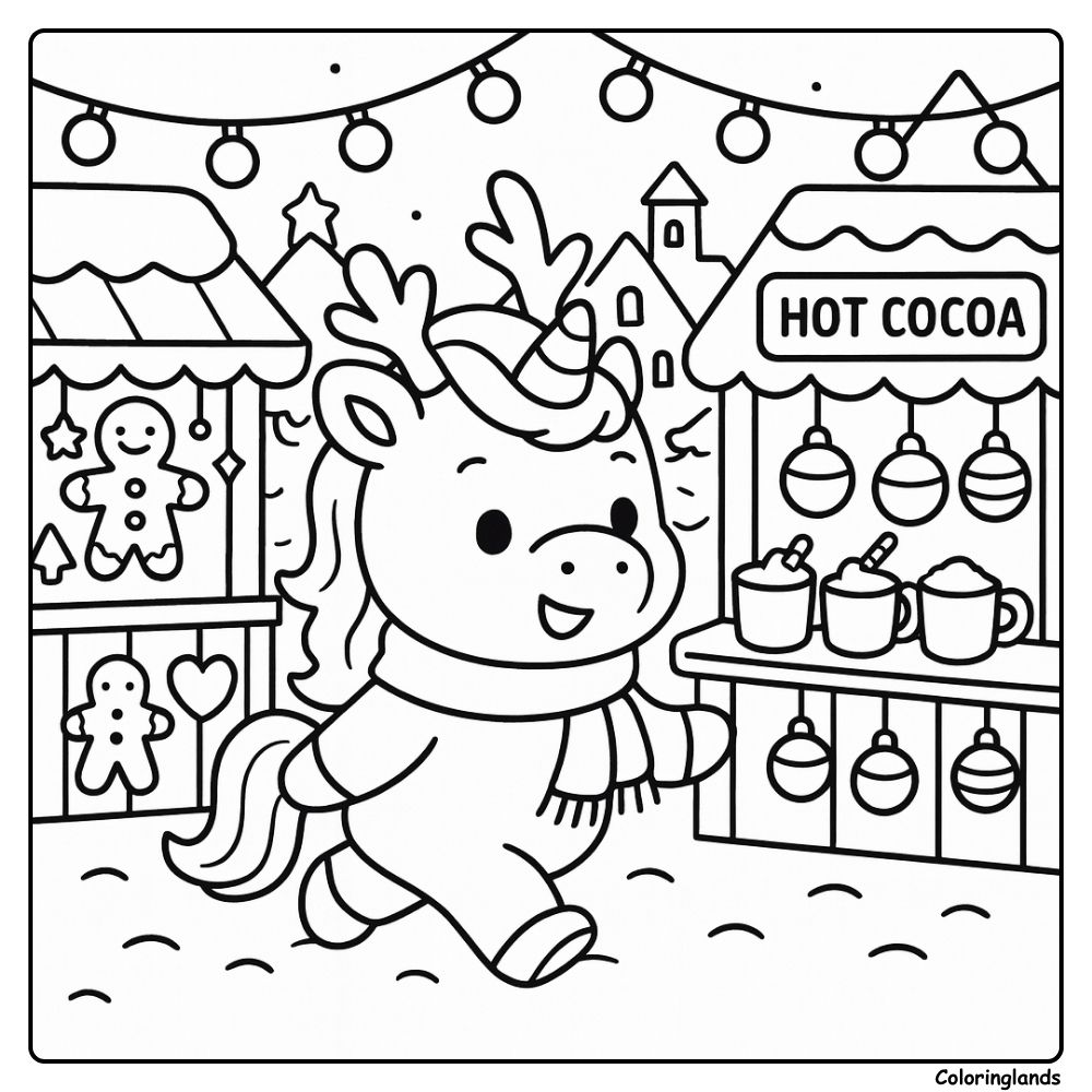 Unicorn walks at a Christmas market with hot cocoa stalls