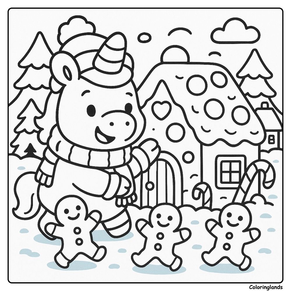 Unicorn near a candy cottage in a winter coloring image