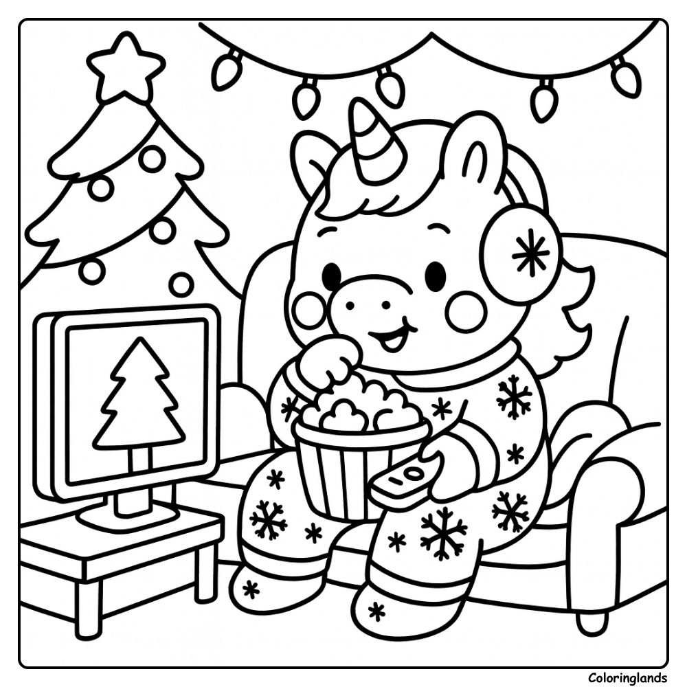 Cozy coloring picture of a unicorn watching a holiday show