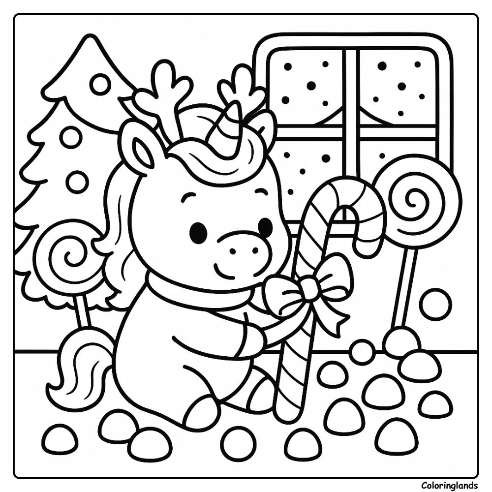 Unicorn with candy canes and gumdrops in a fun coloring pic